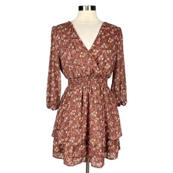 Spirit of Grace Womens Surplice Neck Smocked Floral Print Dress Brown size Large - Picture 1 of 14